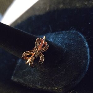 Vintage Antiqued Gold Over Silver Diamond Bow Design Ring, 8